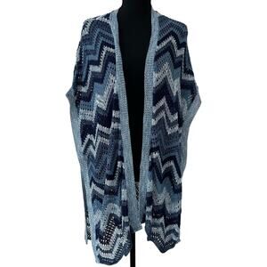 RXB Crochet Open Front Kimono Cardigan Blue Chevron Boho Lightweight Layer S